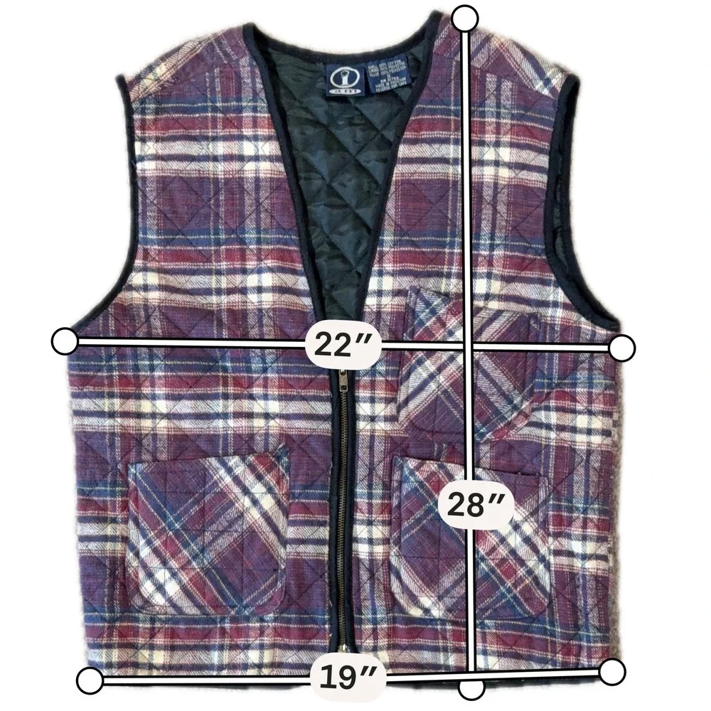 I Am Womens‎ Vintage Quilted Plaid Vest Burgundy Navy Cotton Full Zip Sz Small